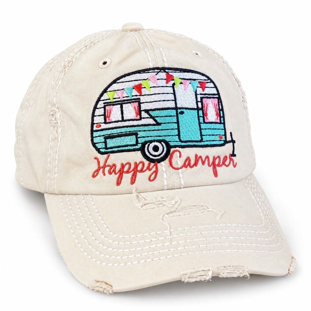 Kbethos Vintage Happy Camper Distressed Baseball Cap Cream Teal Embroidered Hat